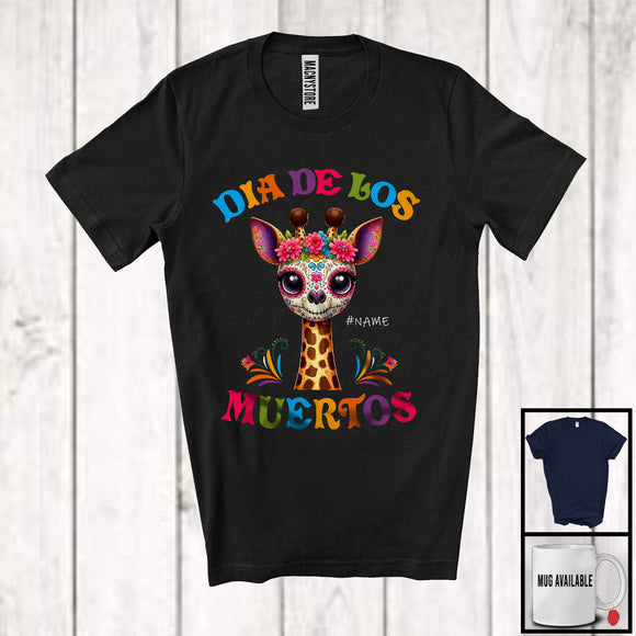 MacnyStore - Personalized Dia De Los Muertos; Adorable Flowers Sugar Skull Giraffe Custom Name; Mexican Family T-Shirt