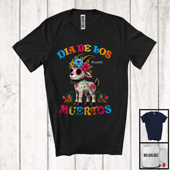 MacnyStore - Personalized Dia De Los Muertos; Adorable Flowers Sugar Skull Goat Custom Name; Mexican Family T-Shirt