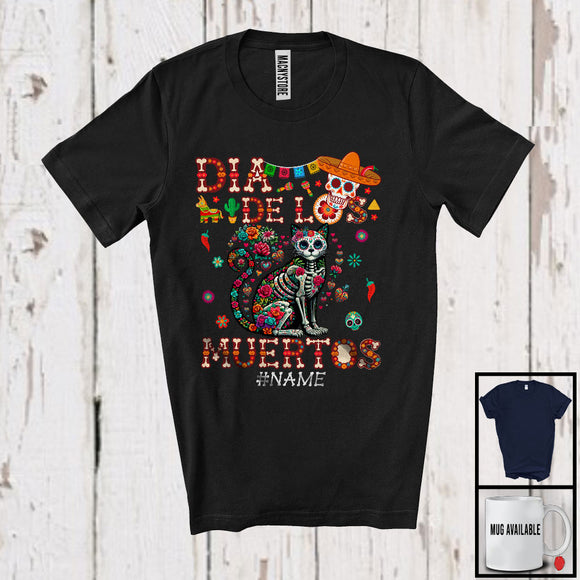 MacnyStore - Personalized Dia De Los Muertos; Lovely Cat Flowers Skeleton Skull; Custom Name Mexican T-Shirt