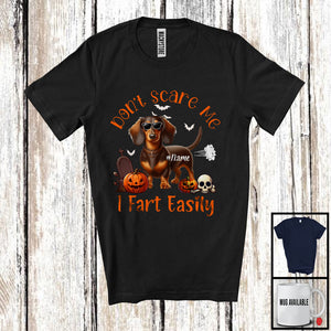 MacnyStore - Personalized Don't Scare Me I Fart Easily; Humorous Halloween Custom Name Dachshund Lover T-Shirt