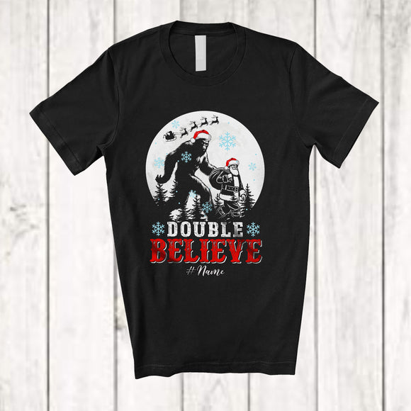 MacnyStore - Personalized Double Believe; Amusing Christmas Custom Name Santa Bigfoot Forest; Moon T-Shirt