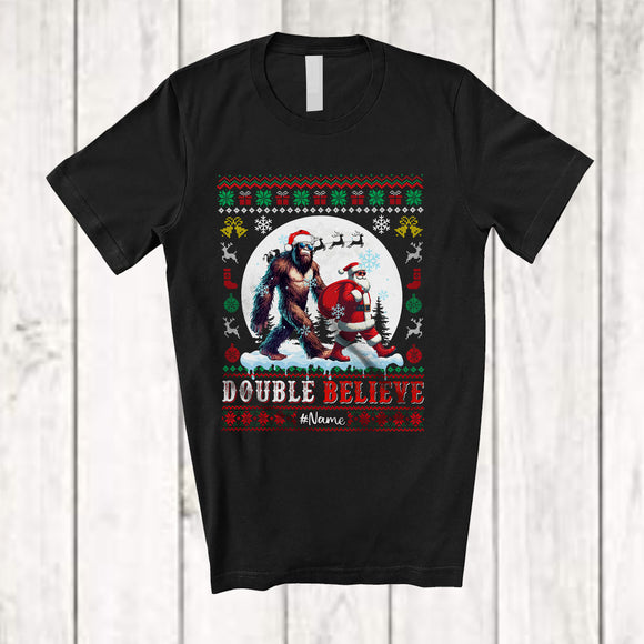 MacnyStore - Personalized Double Believe; Amusing Christmas Sweater Custom Name Santa Bigfoot Moon T-Shirt