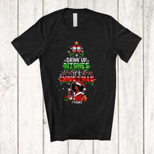 MacnyStore - Personalized Drink Up Bitches; Cheerful Christmas Tree Afro Woman; Custom Name Drinking Wine T-Shirt