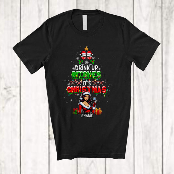 MacnyStore - Personalized Drink Up Bitches; Cheerful Christmas Tree Santa Woman; Custom Name Drinking Wine T-Shirt