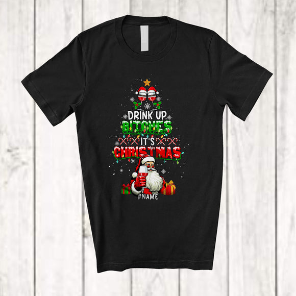 MacnyStore - Personalized Drink Up Bitches; Cheerful Christmas Tree Santa; Custom Name Drinking Wine T-Shirt