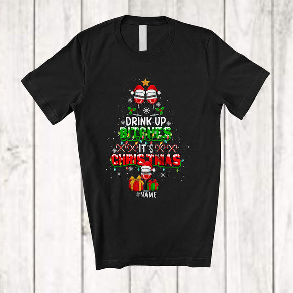 MacnyStore - Personalized Drink Up Bitches; Cheerful Christmas Tree Wine; Custom Name Drinking Drunker T-Shirt