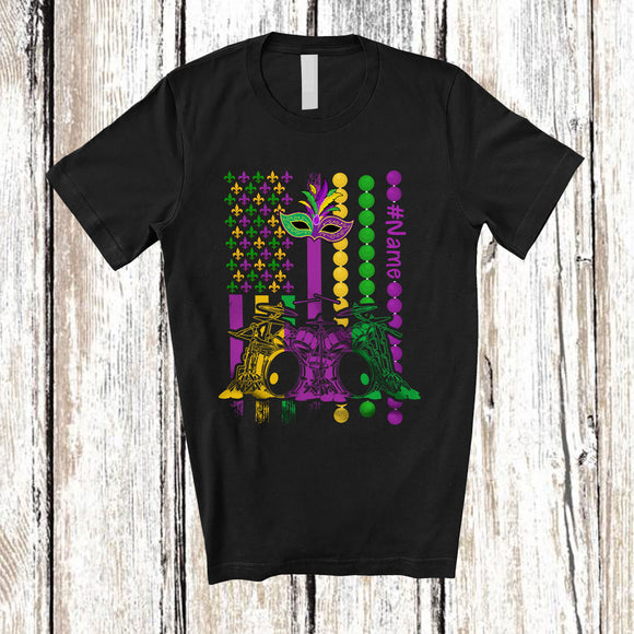 MacnyStore - Personalized Drum American Flag; Joyful Mardi Gras Custom Name Drummer Musical Instruments T-Shirt