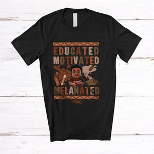 MacnyStore - Personalized Educated Motivated Melanated; Proud Black History Month Custom Name Boy Afro T-Shirt