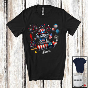 MacnyStore - Personalized Elephant Riding Firecracker, Lovely 4th Of July USA Flag Custom Name, Zoo Animal T-Shirt