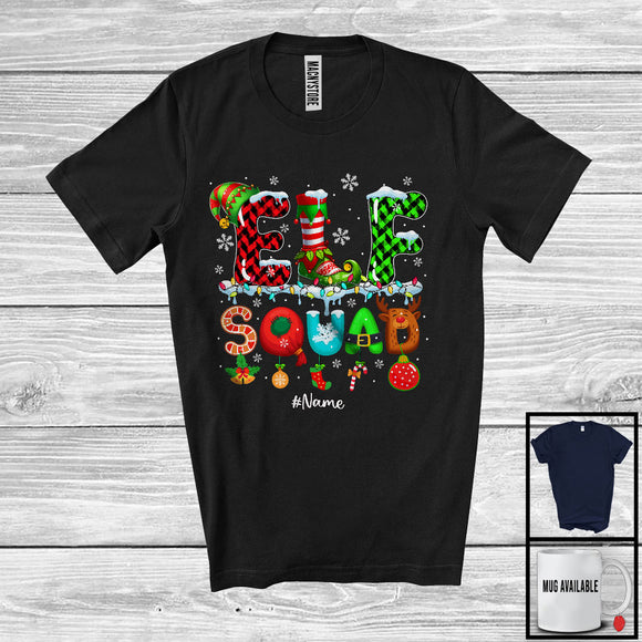 MacnyStore - Personalized Elf Squad; Colorful Christmas Lights Plaid Elf; Custom Name Family Group T-Shirt