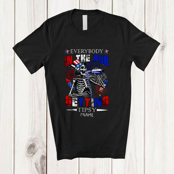 MacnyStore - Personalized Everybody Getting Tipsy; Joyful 4th Of July Drunker; Custom Name Skeleton Drinking T-Shirt