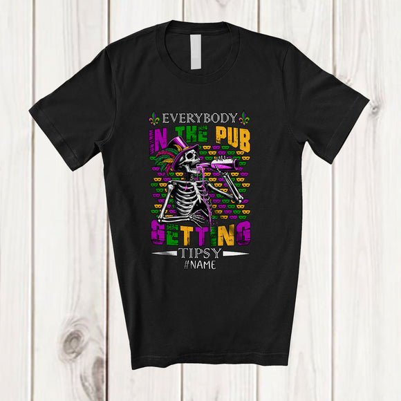 MacnyStore - Personalized Everybody Getting Tipsy; Joyful Mardi Gras Drunker; Custom Name Skeleton Drinking T-Shirt