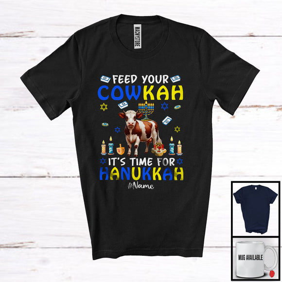 MacnyStore - Personalized Feed Your Cowkah Time For Hanukkah; Adorable Custom Name Cow; Farm Farmer T-Shirt