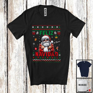 MacnyStore - Personalized Feliz Navidad; Cheerful Christmas Custom Name Santa; Spanish X-mas Sweater T-Shirt