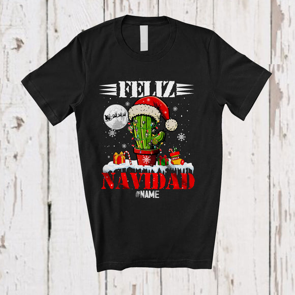 MacnyStore - Personalized Feliz Navidad; Cheerful Christmas Santa Cactus Snowing; Custom Name Family T-Shirt