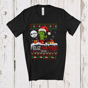 MacnyStore - Personalized Feliz Navidad; Cheerful Christmas Santa Cactus Sweater; Custom Name Family T-Shirt