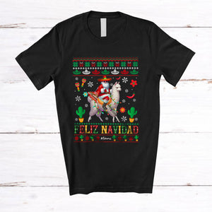 MacnyStore - Personalized Feliz Navidad; Joyful Christmas Custom Name Mexican Santa Riding Llama; Sweater T-Shirt