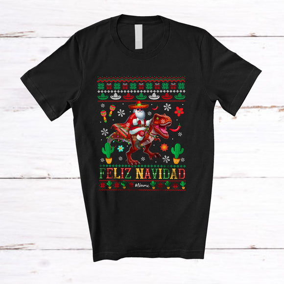 MacnyStore - Personalized Feliz Navidad; Joyful Christmas Custom Name Mexican T rex Riding Llama; Sweater T-Shirt