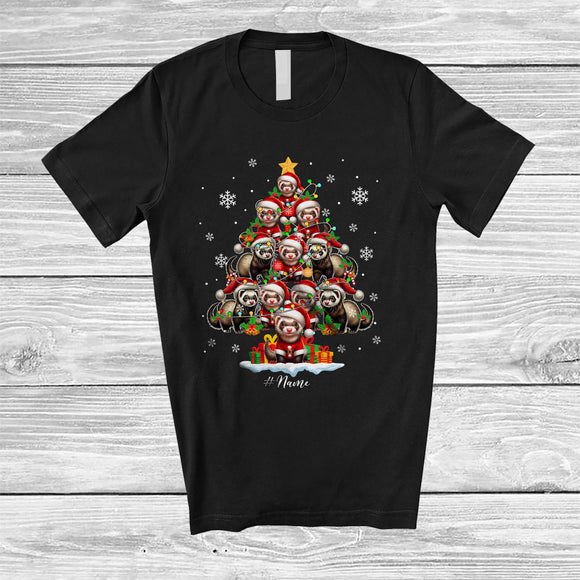 MacnyStore - Personalized Ferrets Christmas Tree; Joyful Custom Name Santa Ferrets Animal; X-mas Lights T-Shirt