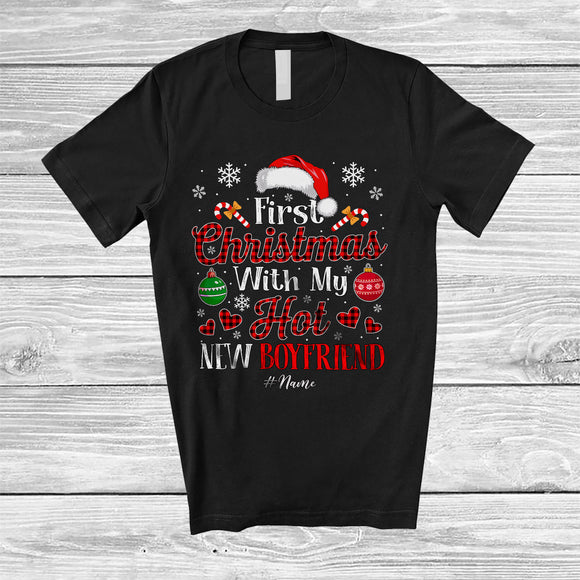 MacnyStore - Personalized First Christmas With My Hot New Boyfriend; Amusing Custom Name Couple Red Plaid T-Shirt