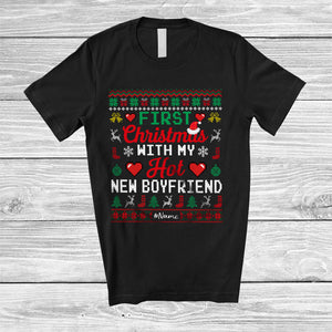 MacnyStore - Personalized First Christmas With My Hot New Boyfriend; Amusing Sweater Custom Name Couple Santa T-Shirt