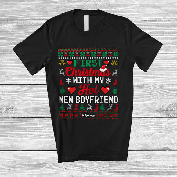 MacnyStore - Personalized First Christmas With My Hot New Boyfriend; Amusing Sweater Custom Name Couple Santa T-Shirt