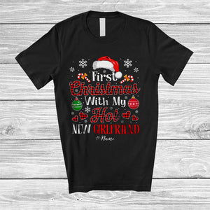 MacnyStore - Personalized First Christmas With My Hot New Girlfriend; Amusing Custom Name Couple Red Plaid T-Shirt