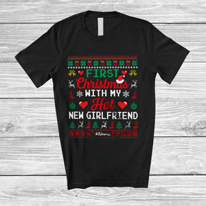 MacnyStore - Personalized First Christmas With My Hot New Girlfriend; Amusing Sweater Custom Name Couple Santa T-Shirt