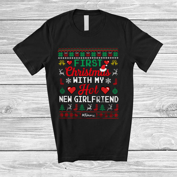 MacnyStore - Personalized First Christmas With My Hot New Girlfriend; Amusing Sweater Custom Name Couple Santa T-Shirt