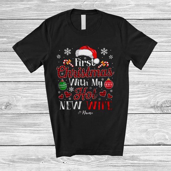 MacnyStore - Personalized First Christmas With My Hot New Wife; Amusing Custom Name Couple Red Plaid T-Shirt