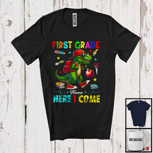 MacnyStore - Personalized First Grade Here I Come, Joyful First Day Of School T-Rex, Custom Name Dinosaur T-Shirt