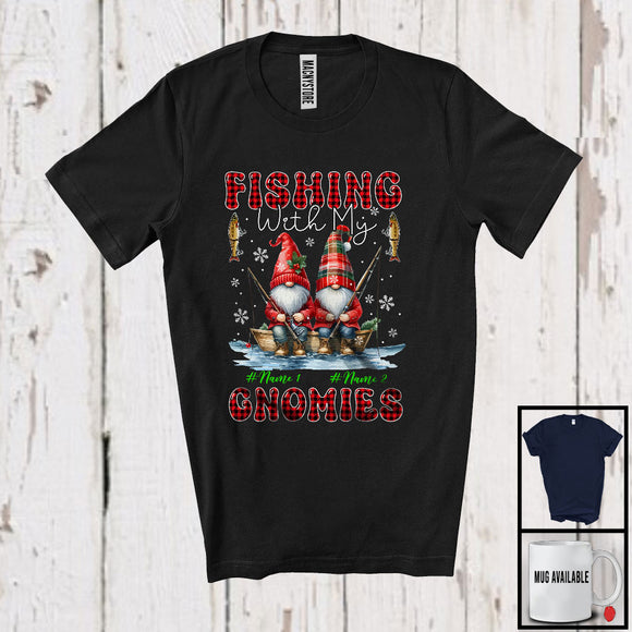 MacnyStore - Personalized Fishing With My Gnomies; Lovely Christmas Plaid Custom Name Couple Gnomes T-Shirt