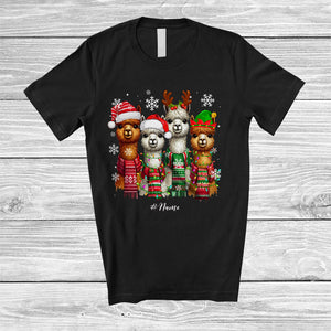 MacnyStore - Personalized Four Santa Elf Reindeer Alpacas; Fantastic Christmas Lights Custom Name Wild Animal T-Shirt