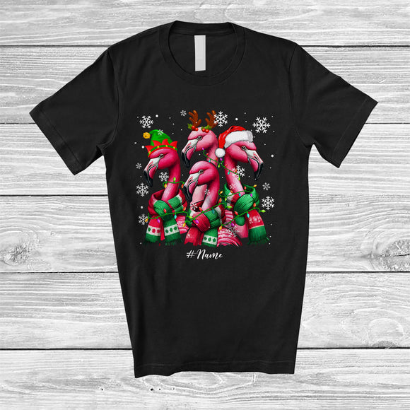 MacnyStore - Personalized Four Santa Elf Reindeer Flamingos; Fantastic Christmas Lights Custom Name Wild Animal T-Shirt