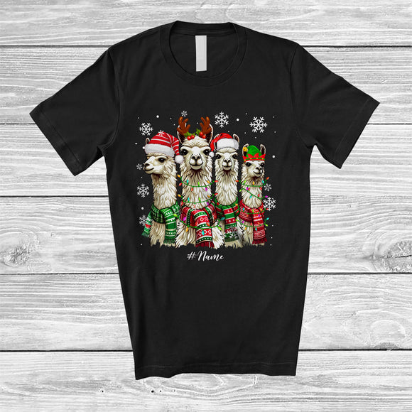 MacnyStore - Personalized Four Santa Elf Reindeer Llamas; Fantastic Christmas Lights Custom Name Wild Animal T-Shirt