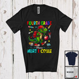 MacnyStore - Personalized Fourth Grade Here I Come, Joyful First Day Of School T-Rex, Custom Name Dinosaur T-Shirt