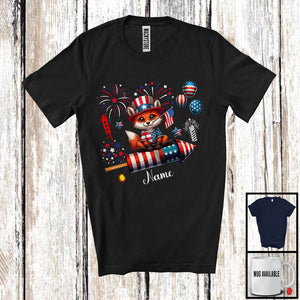 MacnyStore - Personalized Fox Riding Firecracker, Lovely 4th Of July USA Flag Custom Name, Zoo Animal T-Shirt