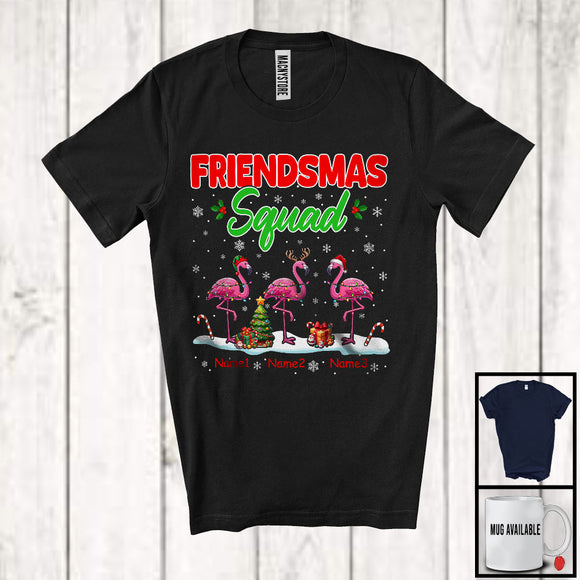 MacnyStore - Personalized Friendsmas Squad; Awesome Christmas Lights Custom Name Three Flamingo T-Shirt