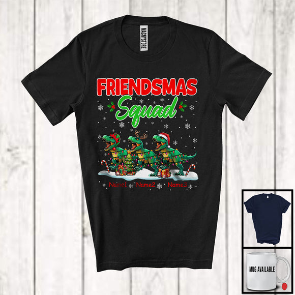 MacnyStore - Personalized Friendsmas Squad; Awesome Christmas Lights Custom Name Three T rex T-Shirt