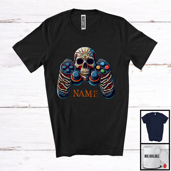 MacnyStore - Personalized Game Controller Skull Skeleton; Halloween Gaming Lover; Custom Name Gamer T-Shirt