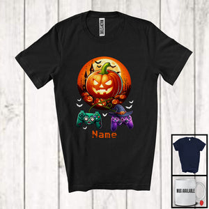 MacnyStore - Personalized Game Controllers Pumpkin; Horror Halloween Moon Gaming; Custom Name Gamer T-Shirt