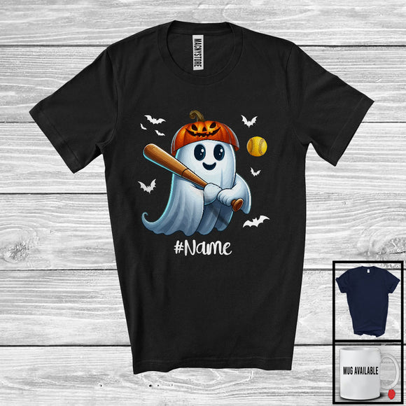 MacnyStore - Personalized Ghost Playing Softball, Horror Halloween Custom Name Softball Player Team T-Shirt