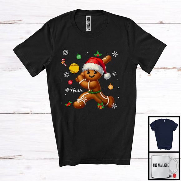 MacnyStore - Personalized Gingerbread Playing Softball; Joyful Christmas Custom Name Sport Player; Baker T-Shirt