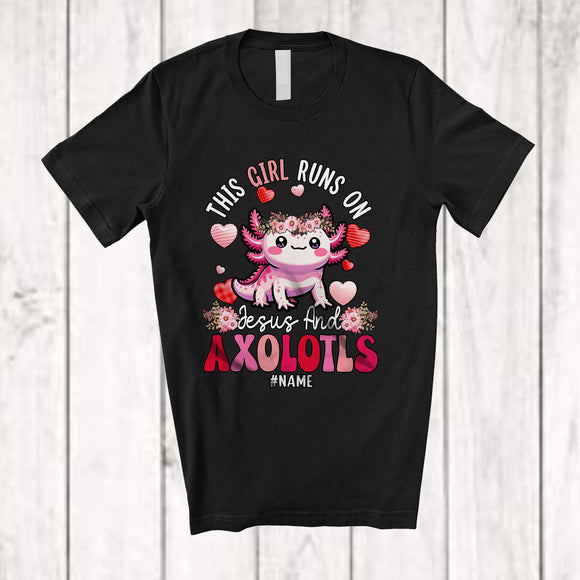 MacnyStore - Personalized Girl Runs On Jesus And Axolotls; Amazing Easter Custom Name Wild Animal; Family T-Shirt