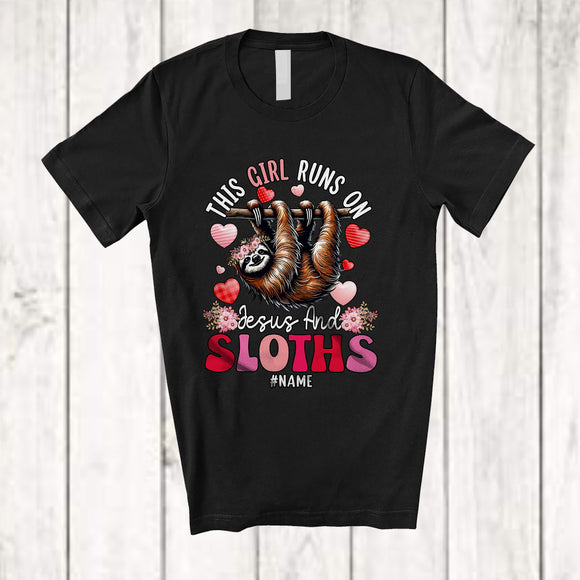 MacnyStore - Personalized Girl Runs On Jesus And Sloths; Amazing Easter Custom Name Wild Animal; Family T-Shirt