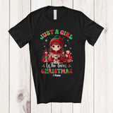 MacnyStore - Personalized Girl Who Loves Christmas; Lovely Custom Name Little Girl Drink Coffee; Groovy T-Shirt