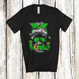 MacnyStore - Personalized Go Lucky; Happy St. Patrick's Day Custom Name Women Messy Bun Hair; Shamrock T-Shirt