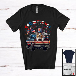 MacnyStore - Personalized God Bless USA, Lovely 4th Of July Custom Name Australian Shepherd On Pickup Truck, Patriotic T-Shirt