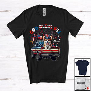 MacnyStore - Personalized God Bless USA, Lovely 4th Of July Custom Name Corgi On Pickup Truck, Patriotic T-Shirt