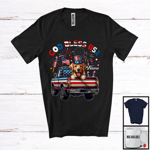 MacnyStore - Personalized God Bless USA, Lovely 4th Of July Custom Name Golden Retriever On Pickup Truck, Patriotic T-Shirt